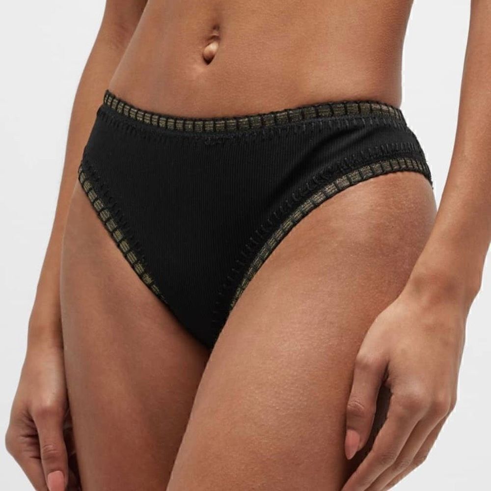 NWT Platinum By Solange Ferrarini Crochet Trim Swim Bikini Bottom Black Gold S